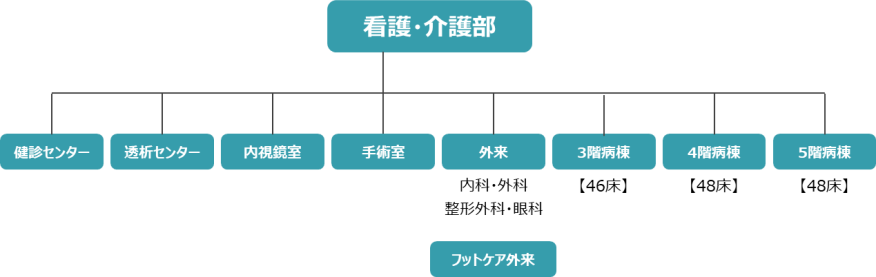 【看護・介護部】 ・健診センター ・外来-内科、外科、整形外科、眼科 ・フットケア外来 ・2階 病棟-40床 ・3階 病棟-32床 ・4階 病棟-32床 療養病棟入院基本料Ⅰ（人員配置20：１）